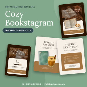 Cozy Bookstagram Instagram post templates, 20 editable Canva posts