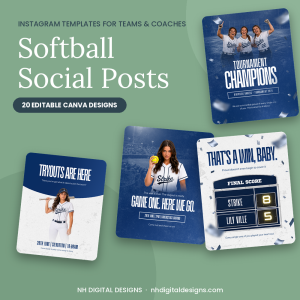 Softball social media templates, 20 editable Canva posts for teams and coaches