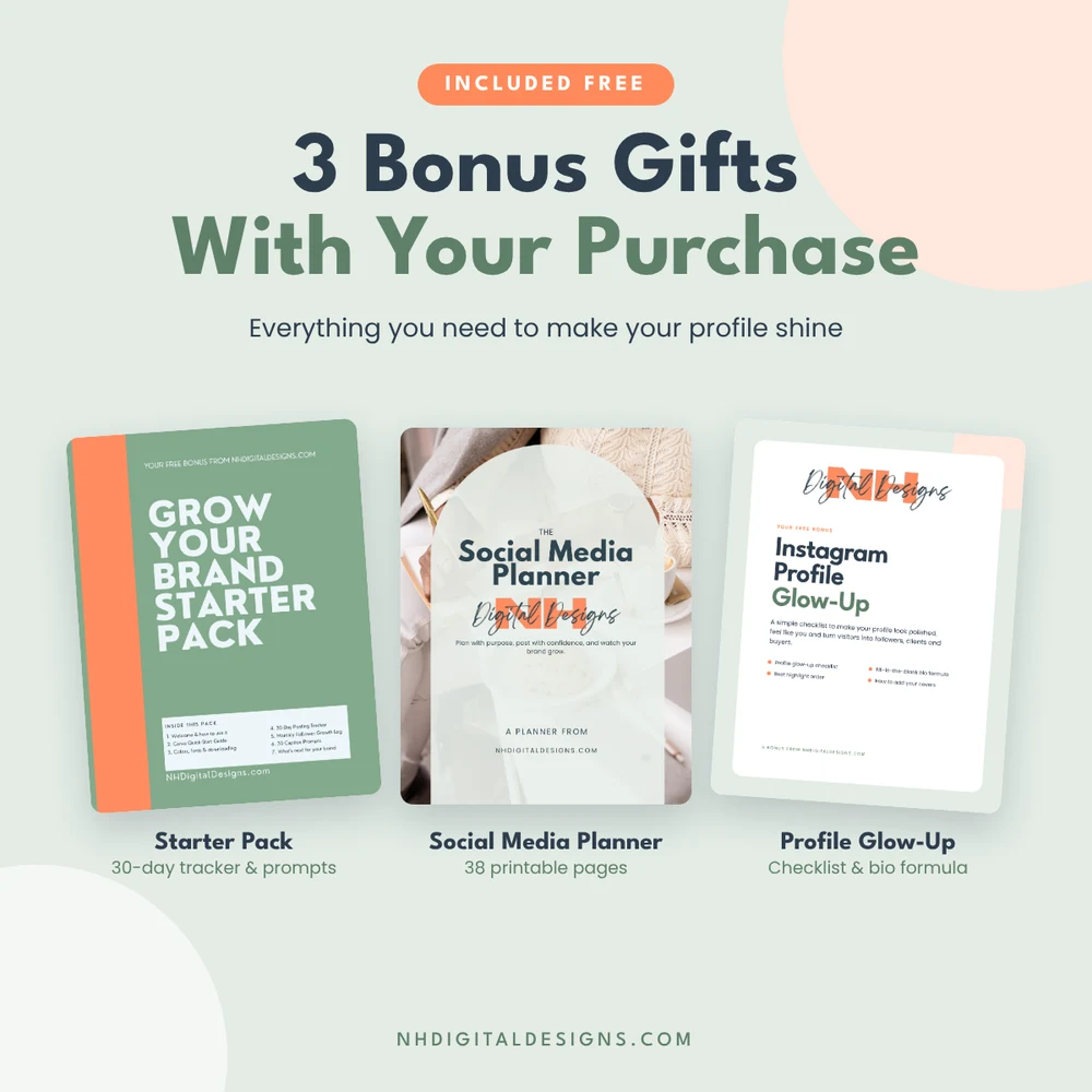 3 free bonus gifts included with highlight covers: Starter Pack, Social Media Planner and Profile Glow-Up checklist