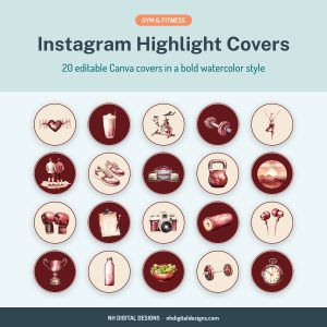 Gym and fitness Instagram highlight covers in a bold watercolor style - NH Digital Designs
