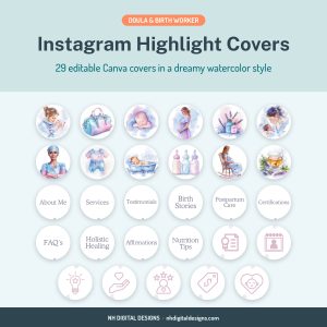Doula Instagram highlight covers in a dreamy watercolor style - NH Digital Designs