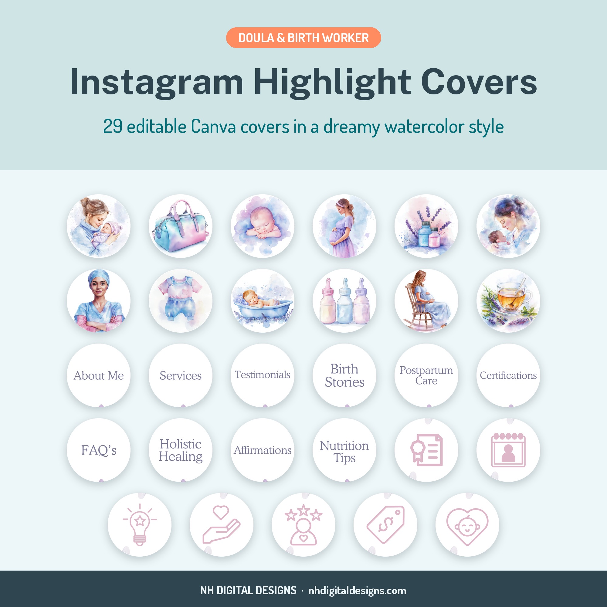 Doula Instagram highlight covers in a dreamy watercolor style - NH Digital Designs