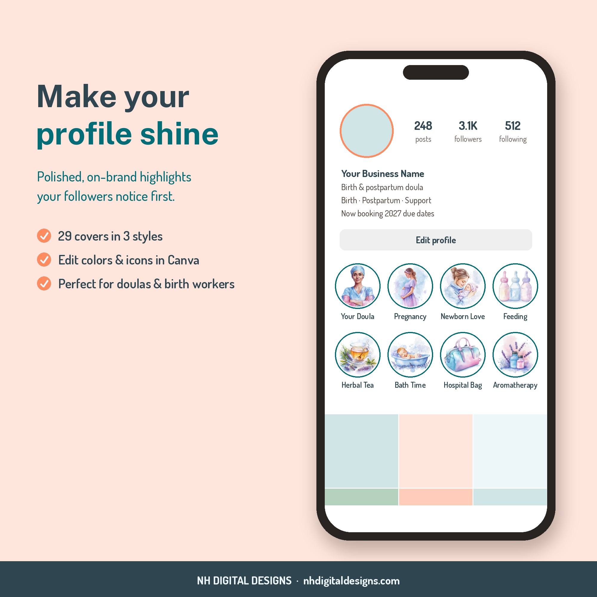 Doula highlight covers shown on an Instagram profile mockup