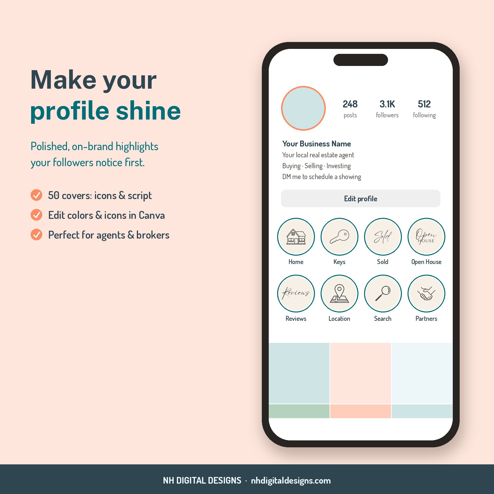 Realtor highlight covers shown on an Instagram profile mockup