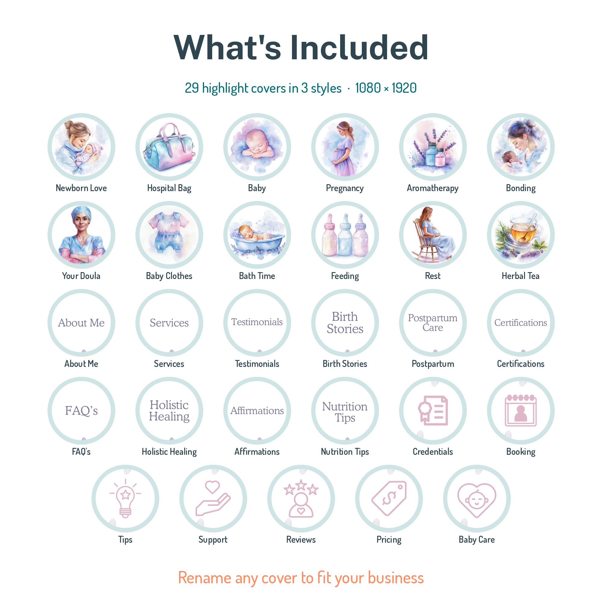 What is included: 29 editable Canva doula highlight covers in 3 styles
