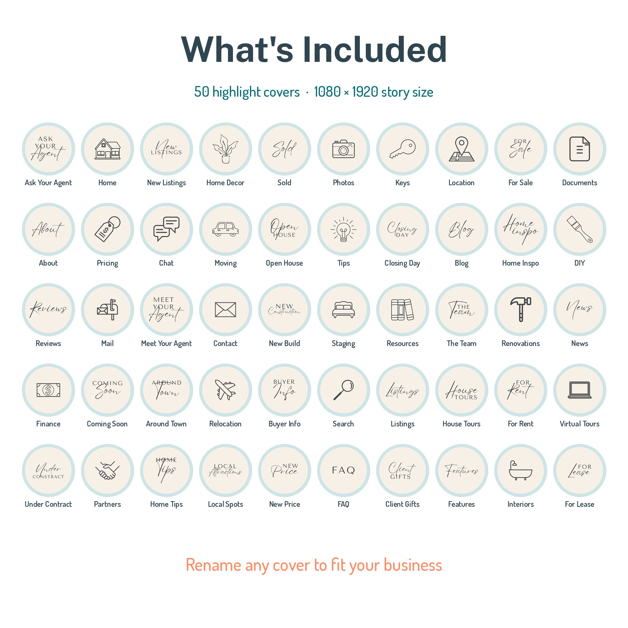 What is included: 50 editable Canva real estate highlight covers