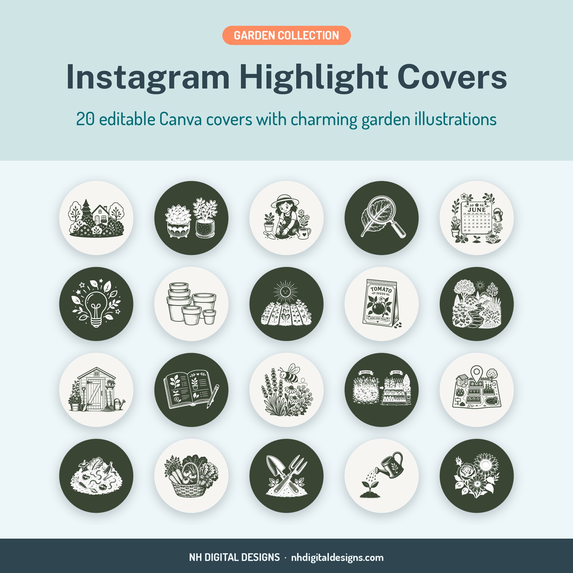 Garden Instagram highlight covers, 20 editable Canva templates