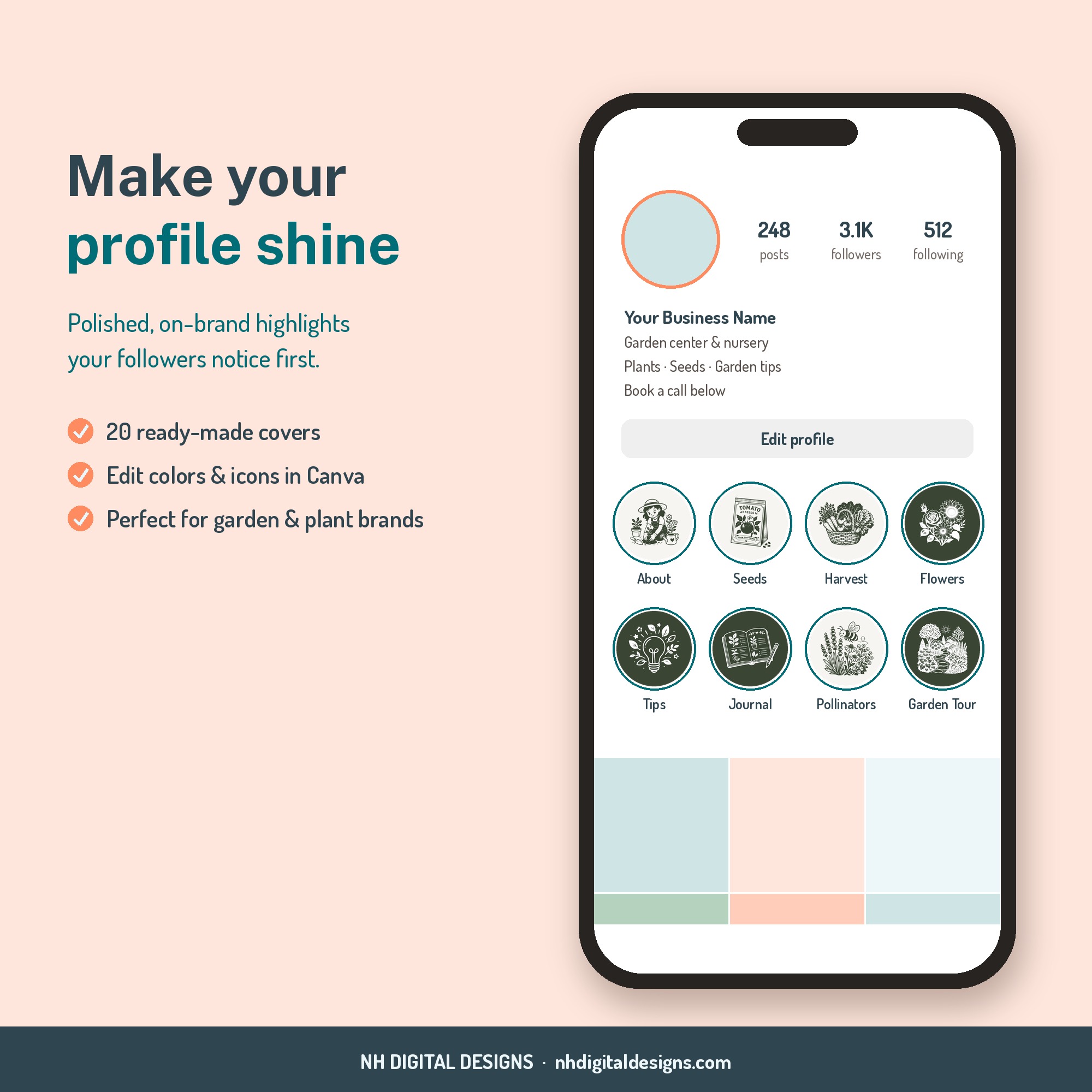 Garden Instagram highlight covers shown on a phone profile