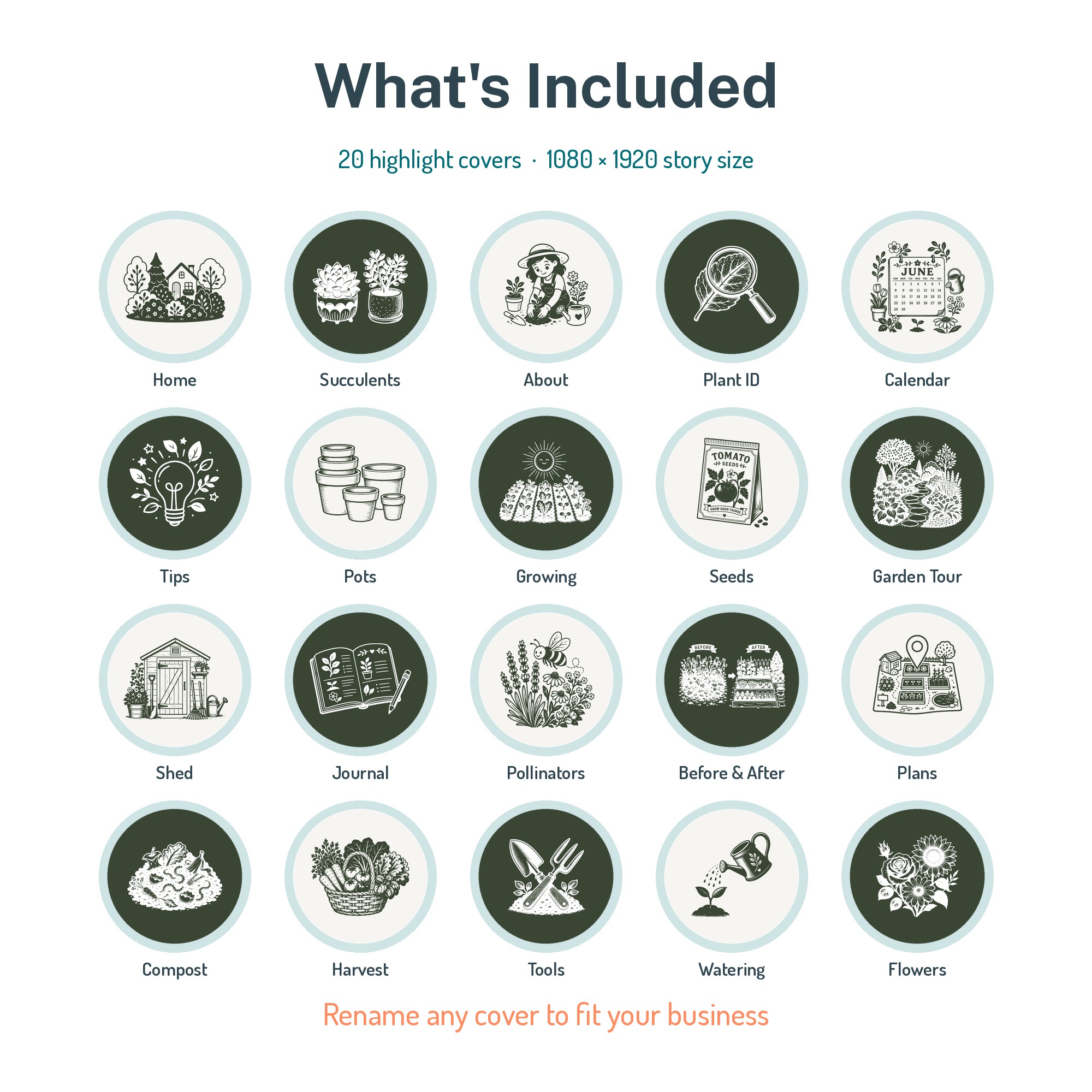 All 20 editable garden highlight cover illustrations included
