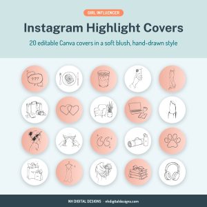 Girl influencer Instagram highlight covers, 20 editable Canva templates in blush pink