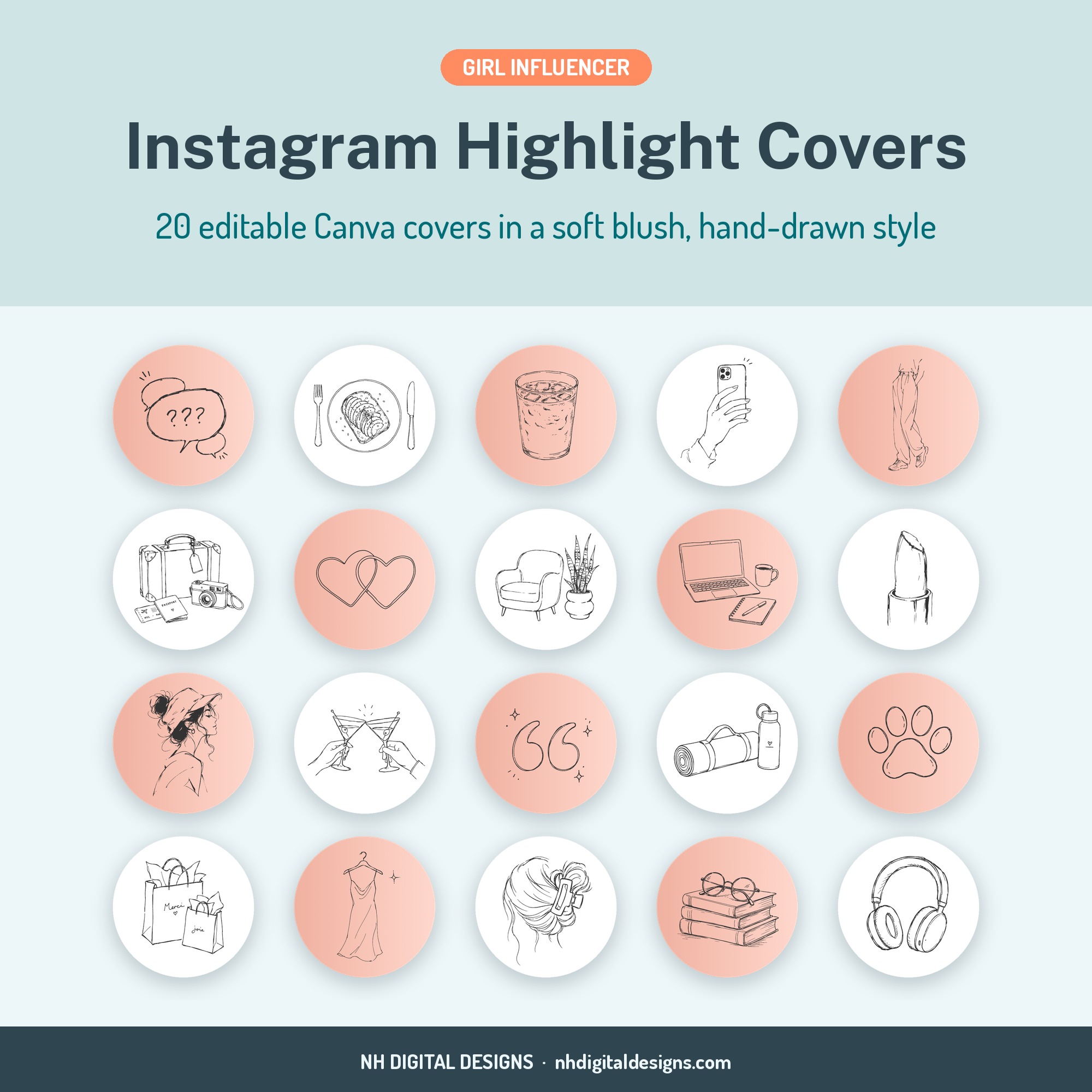 Girl influencer Instagram highlight covers, 20 editable Canva templates in blush pink
