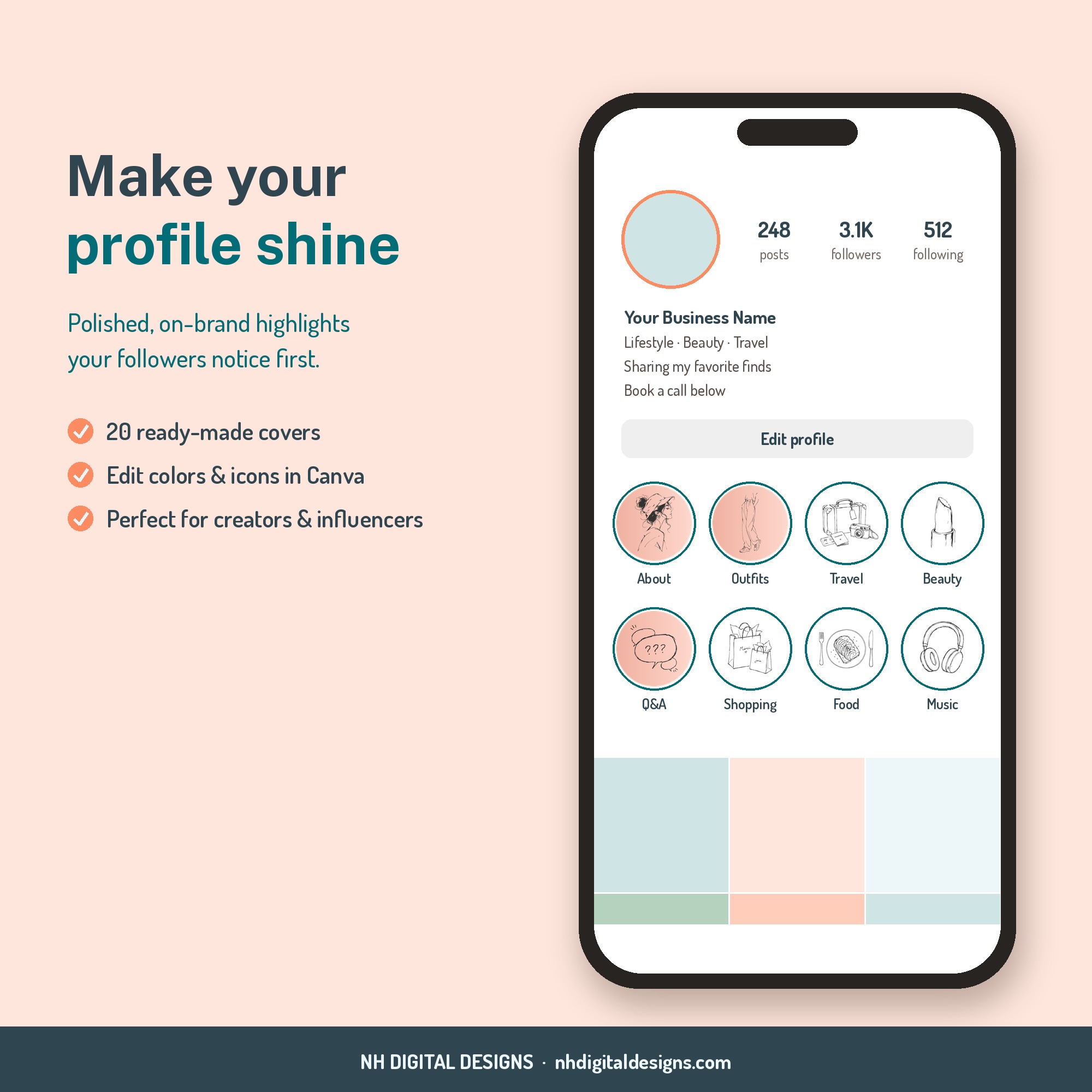 Blush pink Instagram highlight covers shown on a phone profile