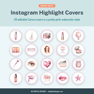 Makeup artist Instagram highlight covers, 20 editable Canva templates in pink watercolor
