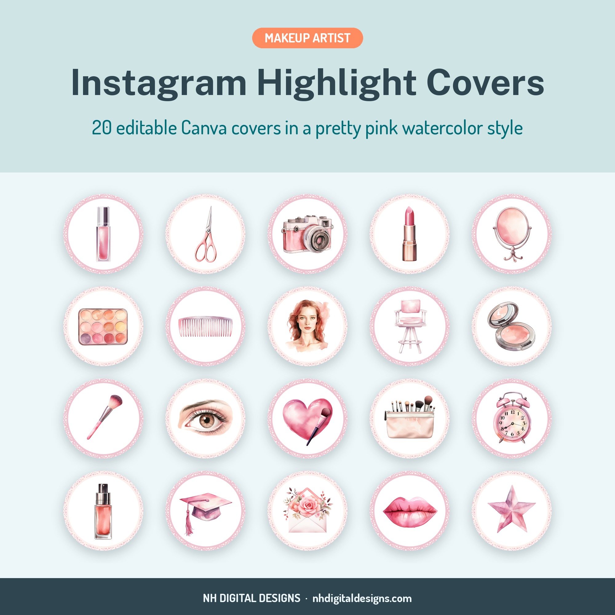 Makeup artist Instagram highlight covers, 20 editable Canva templates in pink watercolor