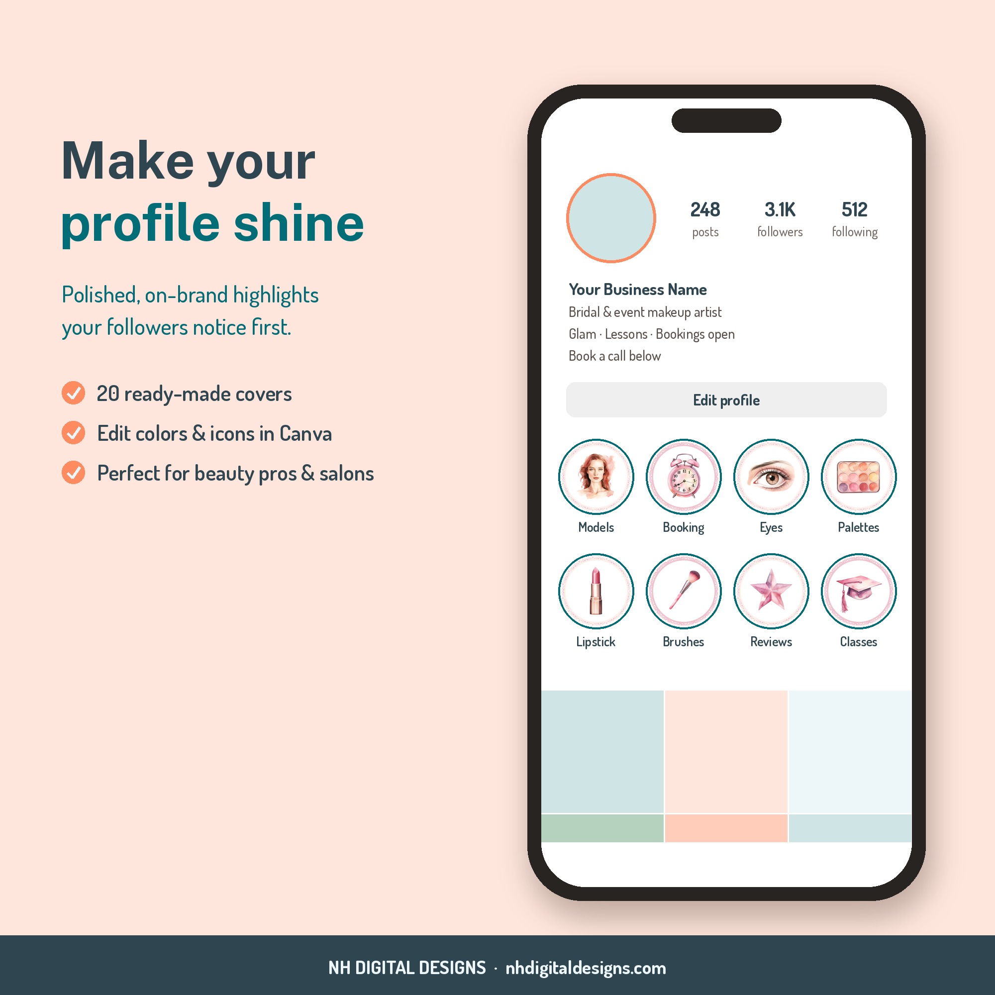 Pink watercolor makeup highlight covers shown on a phone profile
