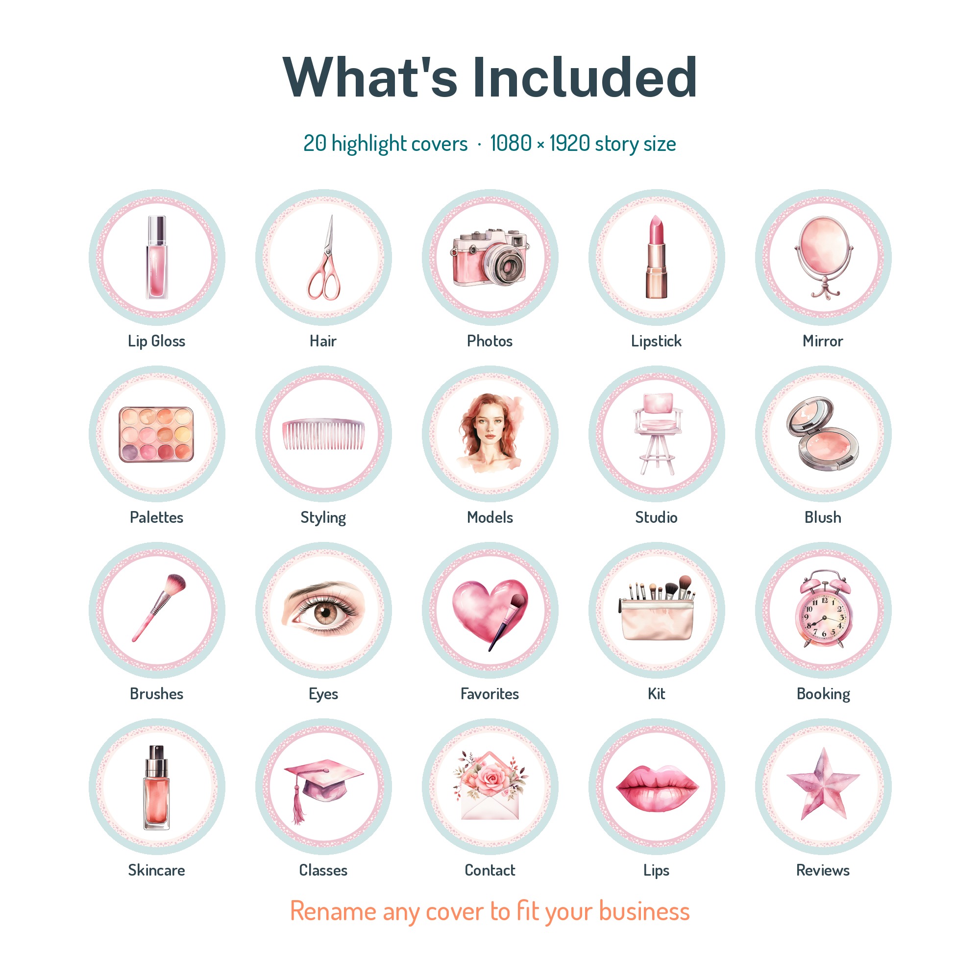 All 20 editable makeup artist highlight cover illustrations included