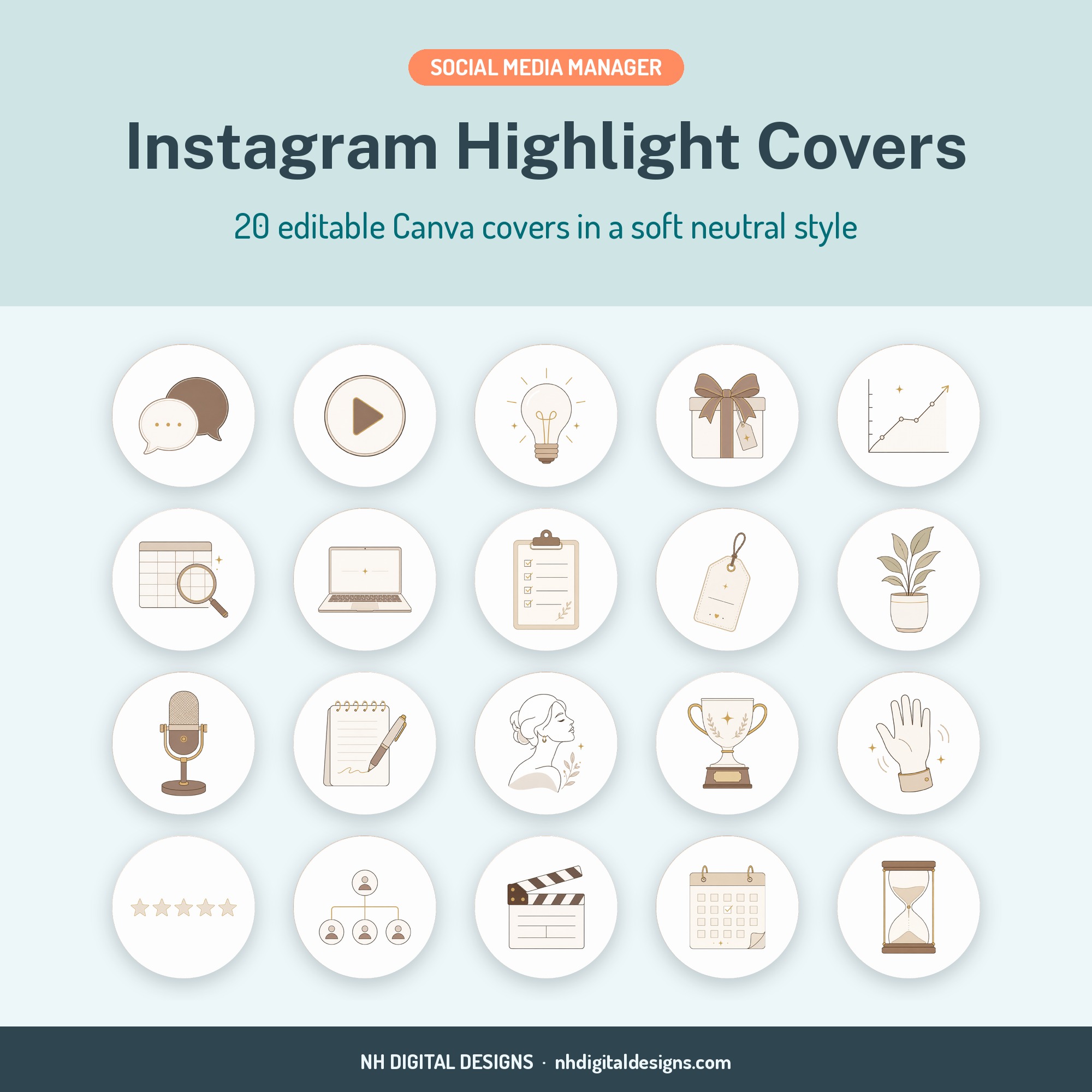 Social media manager Instagram highlight covers, 20 Canva templates