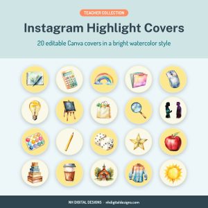 Teacher Instagram highlight covers, 20 editable Canva templates in bright watercolor