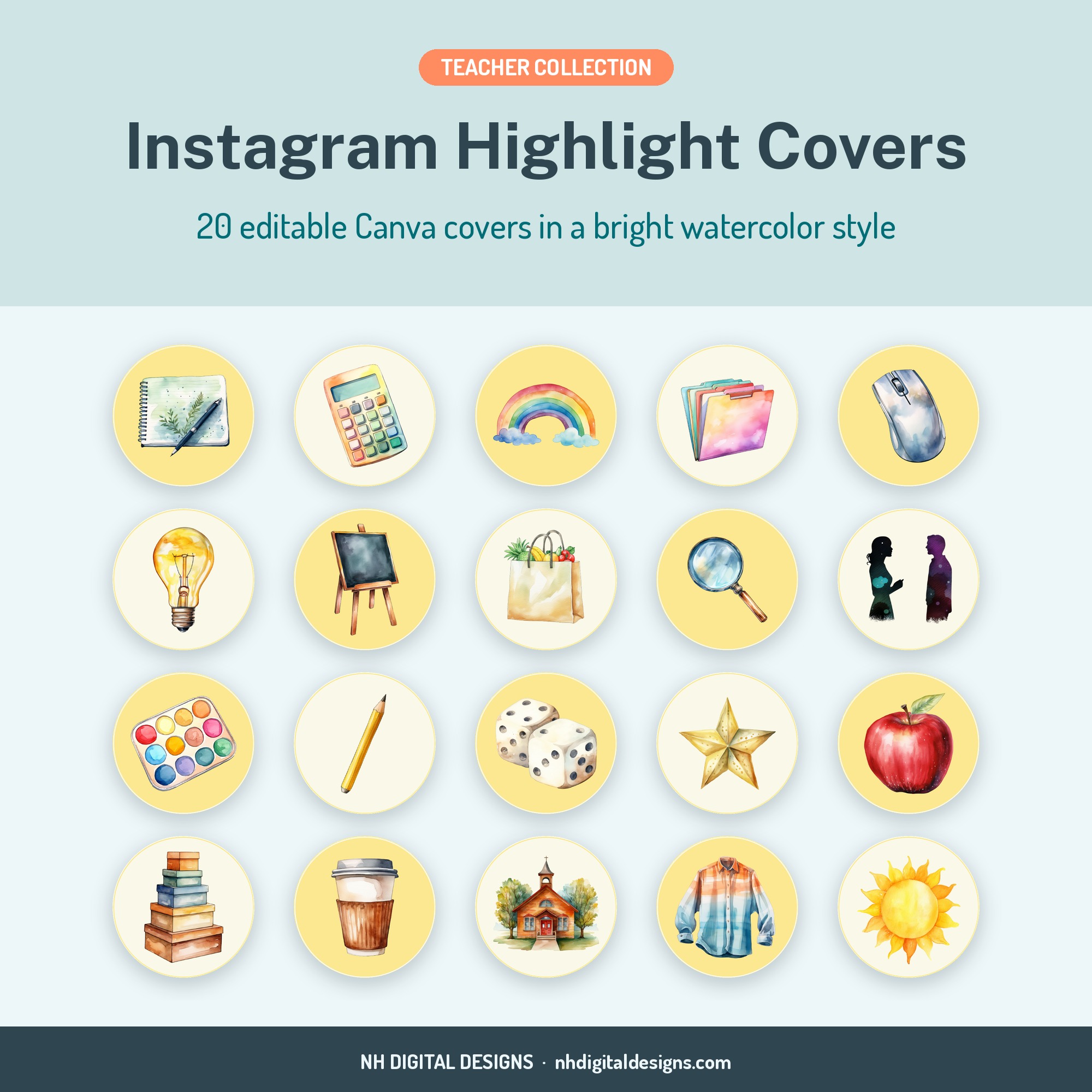 Teacher Instagram highlight covers, 20 editable Canva templates in bright watercolor