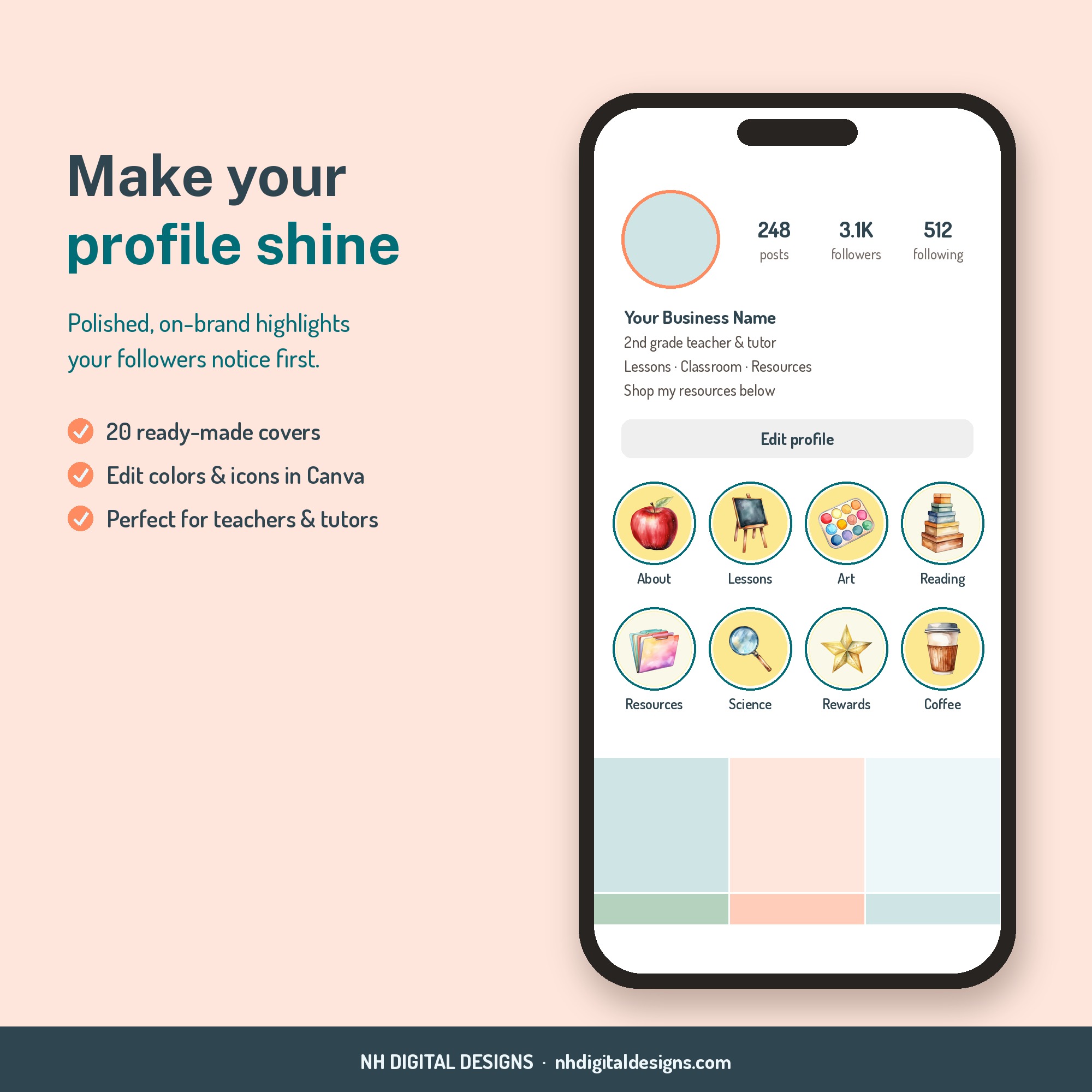 Watercolor teacher highlight covers shown on a phone profile