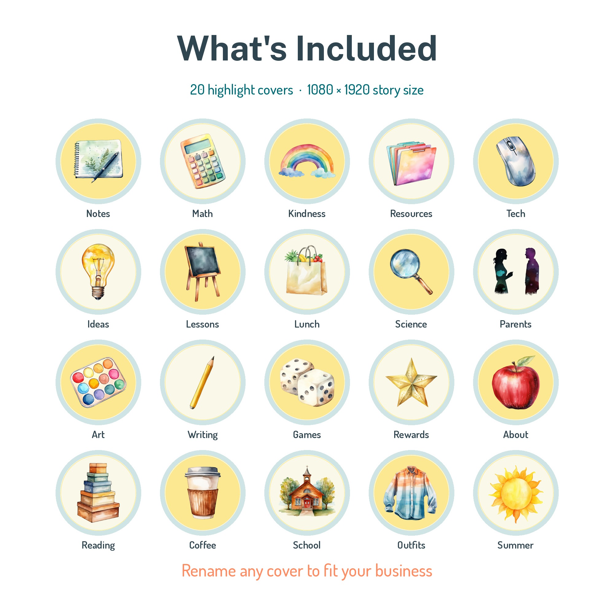 All 20 editable teacher highlight cover illustrations included