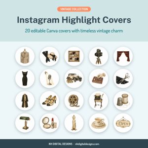 Vintage Instagram highlight covers, 20 editable Canva templates